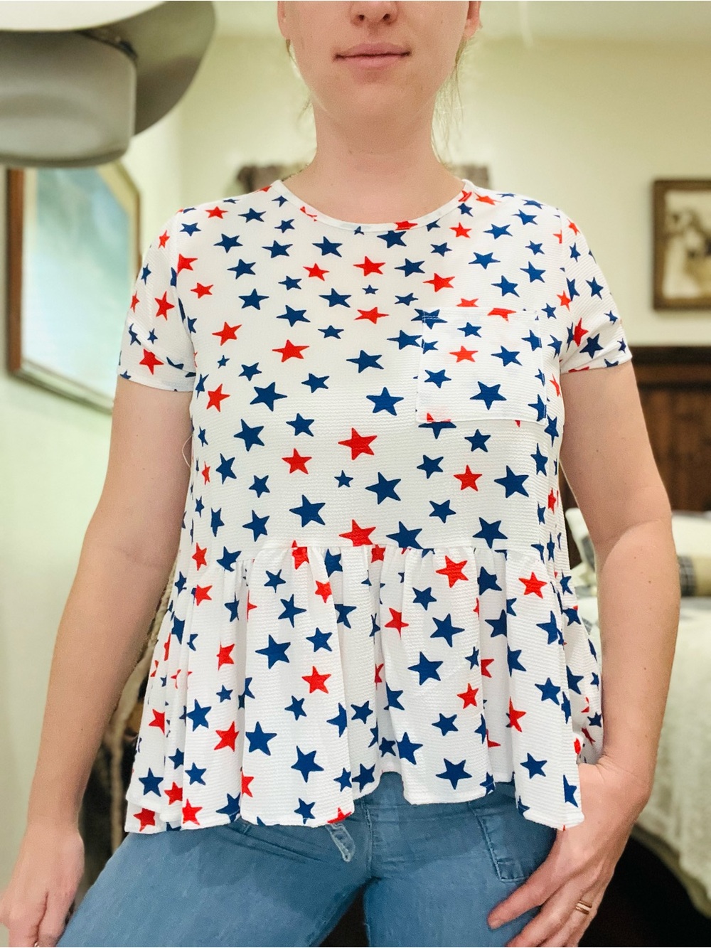 Women’s White Star-Print Peplum Tee - Red & Navy Stars